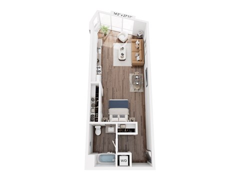 Floor plan for studio, 1 bath, 630 sqft